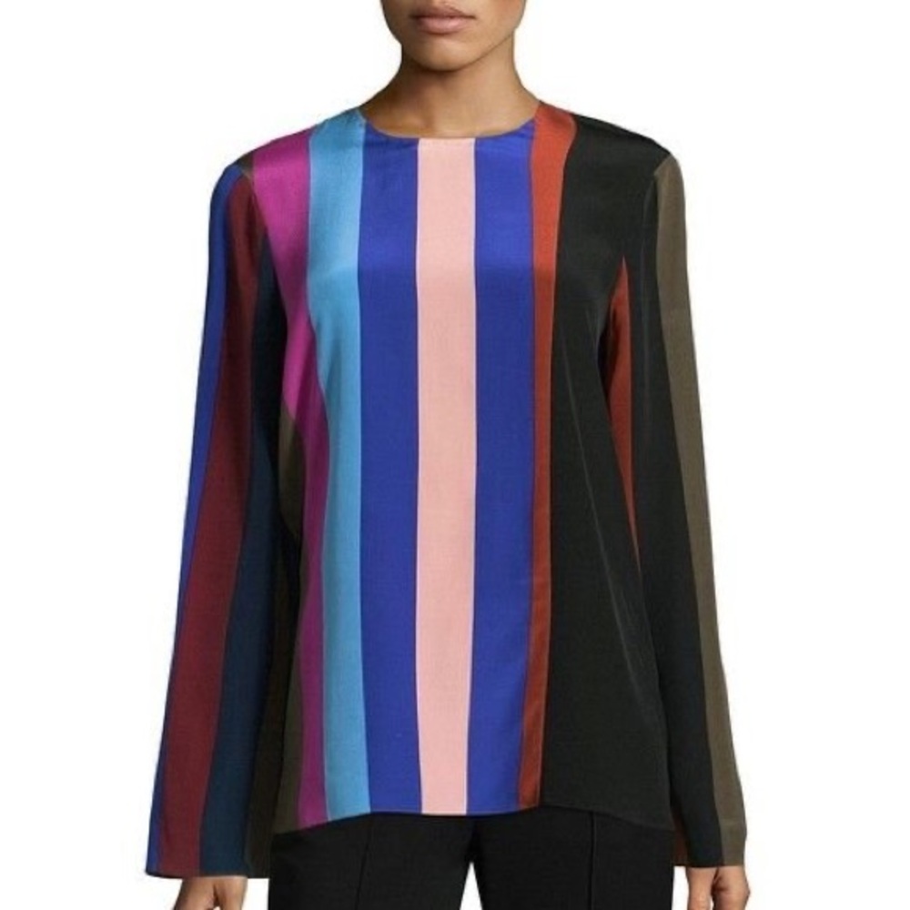 Diane Von Furstenberg Multicolor 100% Silk Stripe Long-Sleeve Top Blouse Size 0
